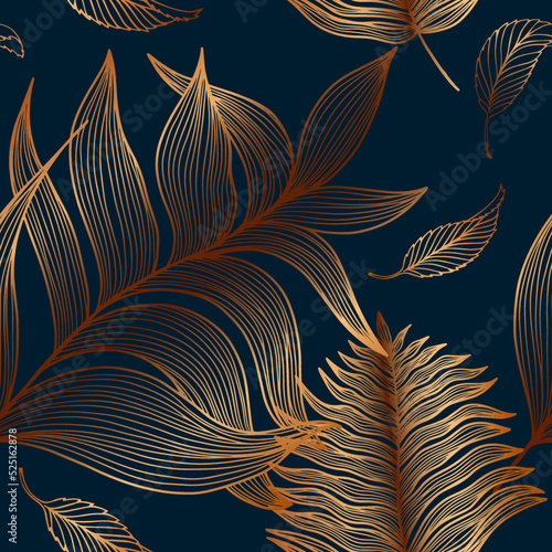 Luxury autumn seamless pattern with linear fern, palm leaf on dark blue background. Vintage wallpaper texture with golden leaf