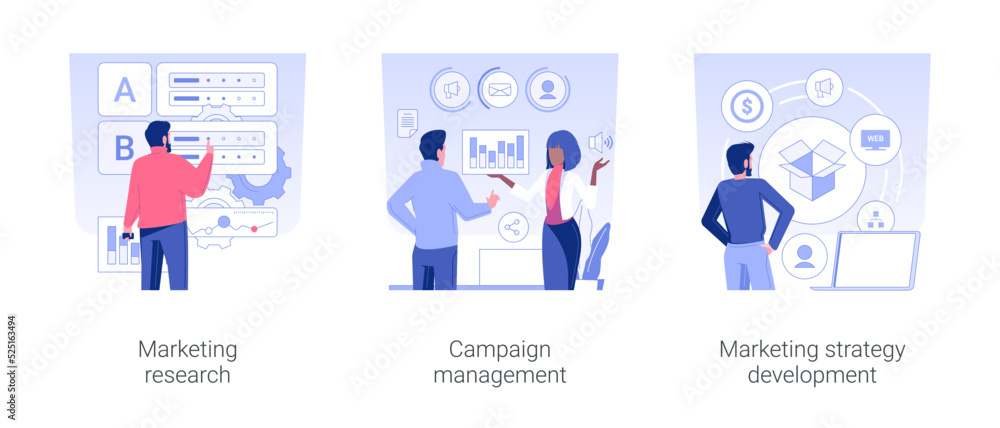 Fototapeta premium Marketing department at big company isolated concept vector illustration set. Marketing research, campaign management, strategy development, corporate business structure vector cartoon.