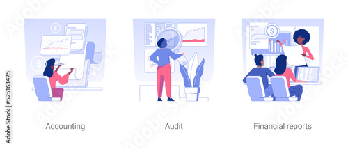 Financial department in corporation isolated concept vector illustration set. Accounting and payment planning, financial audit and report, business people, office work vector cartoon.
