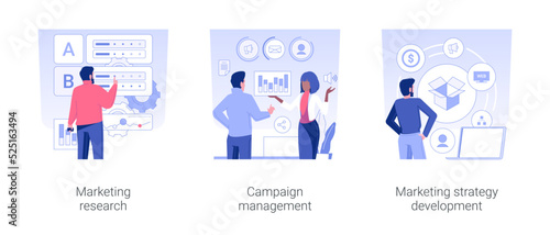 Marketing department at big company isolated concept vector illustration set. Marketing research, campaign management, strategy development, corporate business structure vector cartoon.