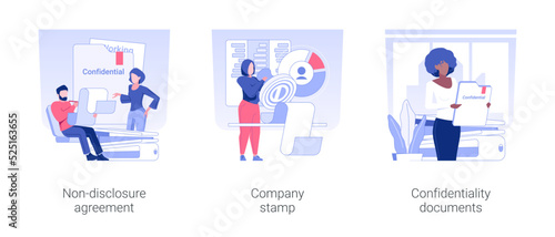 Corporate business paperwork isolated concept vector illustration set. Non-disclosure agreement, company stamp, confidentiality documents, legal business, employee signs NDA vector cartoon.
