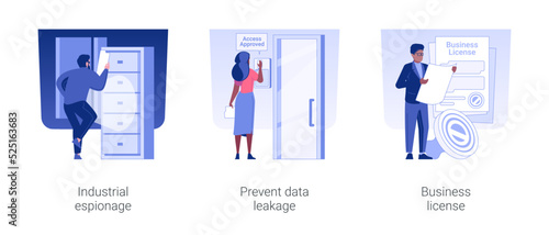 Confidential data isolated concept vector illustration set. Industrial espionage, prevent data leakage, business license, trade secret, wireless key, corporate paperwork vector cartoon.