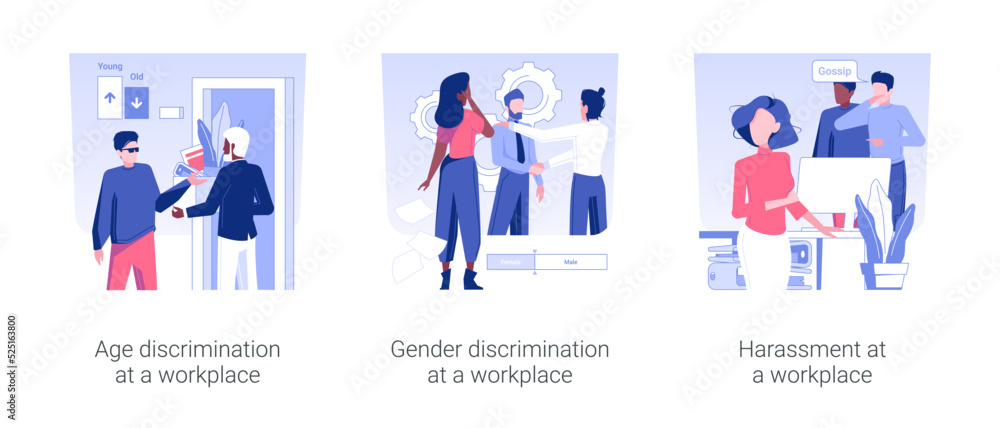Inequality at workplace isolated concept vector illustration set. Age and gender discrimination at a workplace, harassment at work, employees equality and opportunities in company vector cartoon.