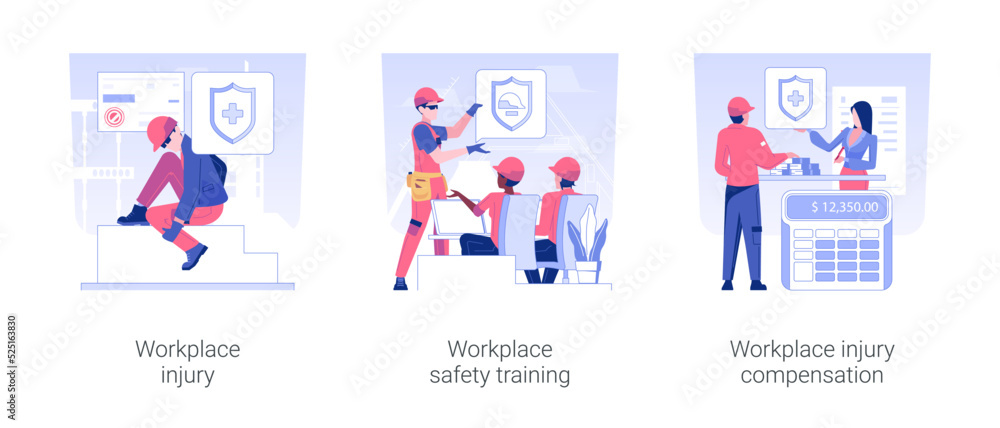 Occupational health isolated concept vector illustration set. Workplace injury, safety training, employee getting injury compensation at work, insurance case, job accident vector cartoon.