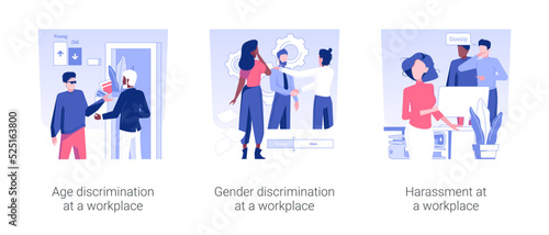 Inequality at workplace isolated concept vector illustration set. Age and gender discrimination at a workplace, harassment at work, employees equality and opportunities in company vector cartoon.