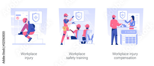 Occupational health isolated concept vector illustration set. Workplace injury, safety training, employee getting injury compensation at work, insurance case, job accident vector cartoon.