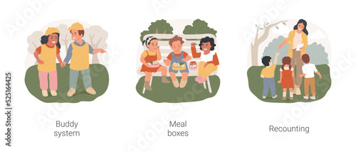 Preschool field trip security isolated cartoon vector illustration set. Buddy system, meal boxes, recounting children, children having lunch outdoor, walk holding hands, excursion vector cartoon.