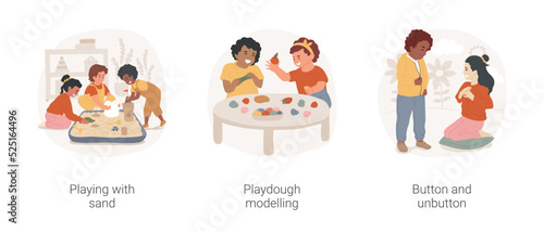 Fine motor skills in childcare isolated cartoon vector illustration set. Playing with sand, playdough modelling, button and unbutton, kinetic playground, hand and finger development vector cartoon.