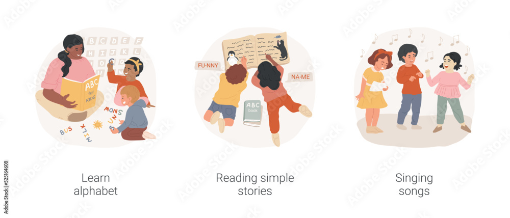 Fototapeta premium Language skills in early education isolated cartoon vector illustration set. Learn alphabet, reading simple stories, singing songs, ABC book, read story by syllables, sing together vector cartoon.