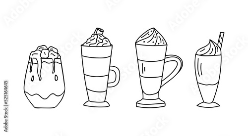 Iced coffee with milk doodle illustration set in vector. Iced coffee with cream hand drawn illustrations collection in vector. Milkshakes doodle illustrations collection in vector