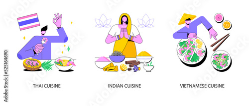 Oriental cuisine abstract concept vector illustration set. Thai, Indian and Vietnamese cuisine, spicy taste, asian recipe, homemade curry, vegetarian menu, spring roll, noodle abstract metaphor.