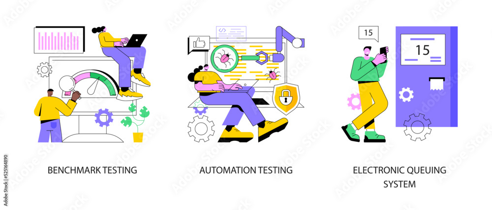 Software implementation abstract concept vector illustration set. Benchmark and automation testing, electronic queuing system, product performance, ticket generator, IT solution abstract metaphor. Software implementation abstract concept vector illustration set. Benchmark and automation testing, electronic queuing system, product performance, ticket generator, IT solution abstract metaphor.