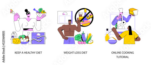 Food and nutrition tips abstract concept vector illustration set. Keep a healthy diet, weight loss, online cooking tutorial, meal plan, drink water, home chef, food blogger recipe abstract metaphor.