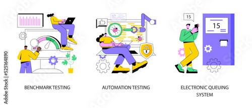 Software implementation abstract concept vector illustration set. Benchmark and automation testing, electronic queuing system, product performance, ticket generator, IT solution abstract metaphor.