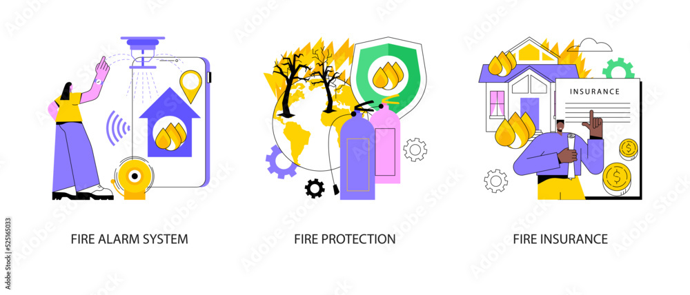 Fototapeta premium Building emergency protection abstract concept vector illustration set. Fire alarm system, fire protection and insurance, smoke sensor detector, water spraying, damage coverage abstract metaphor.
