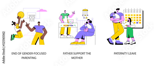 Parenting role abstract concept vector illustration set. End of gender-focused parenting, father supports mother, paternity leave, newborn child, working dad, home office abstract metaphor.