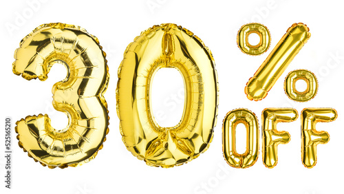 30 Thirty Percent % Off balloons. Sale, Clearance, discount. Yellow Gold foil helium balloon. Word good for store, shop, shopping mall. English Alphabet Letters. Isolated white background.
