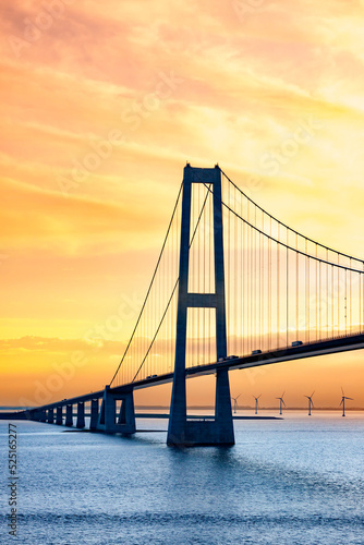 Great Belt Suspension Bridge at Sunset, Denmark.