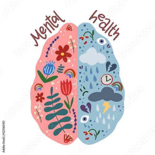 The concept of mental health. Healthy and depressive parts of the brain