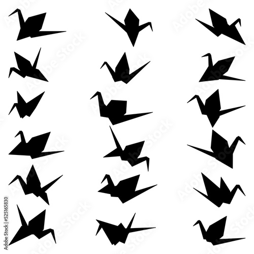 Set of origami crane vector silhouette illustration icon isolated on white background. Japanese traditional origami crane for infographic, website or app. Geometric line shape for art of folded paper.