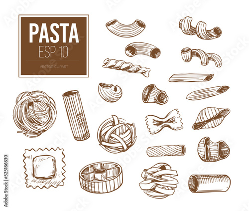 Sketch of types of pasta. Vector clipart. Outline Objects on white background