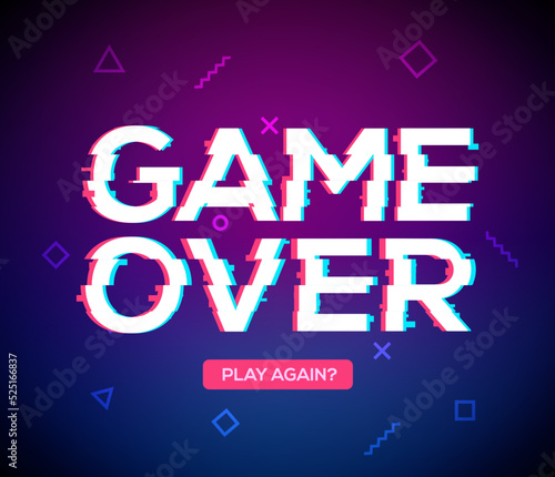 Game over screen glitch video retro pixel background. Game over glitch screen font effect