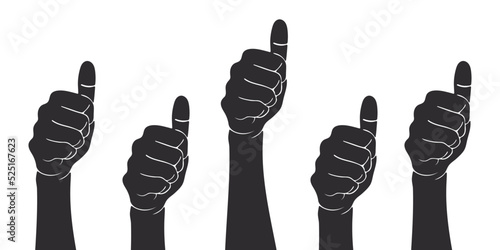 Silhouettes of hands. Like hands sign. Drawn hands, collaboration, voting. Vector illustration