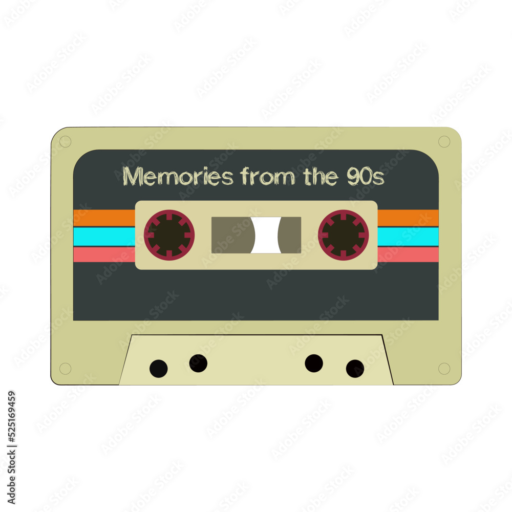 Naklejka premium Vintage tape cassettes. Retro mixtape, 1980s pop song cassettes, and stereo music cassettes. 90's hifi disco dance audio cassette, analog player tape recording cassette.