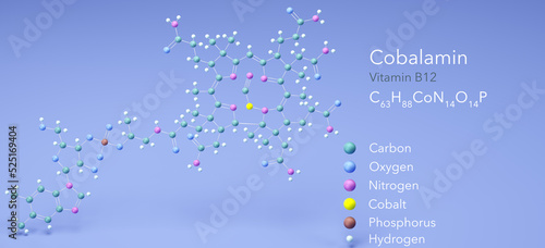 cobalamin, vitamin b12, molecular structures, 3d model, Structural Chemical Formula and Atoms with Color Coding photo