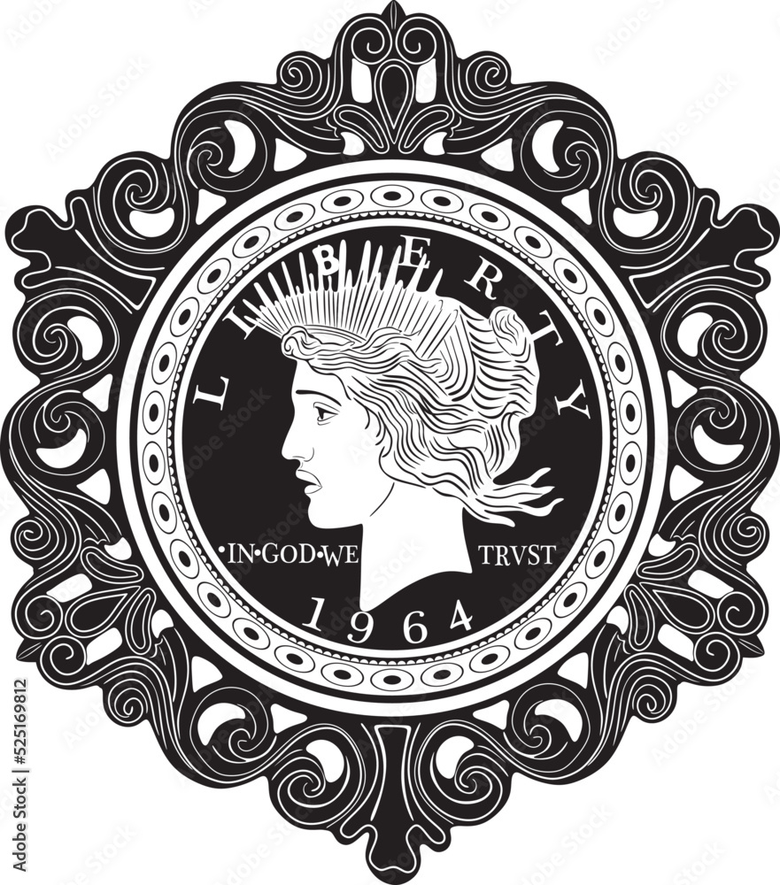 Obraz premium american dollar coin year 1964 with old frame handmade design vector