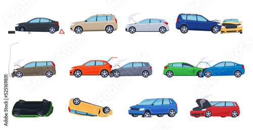 Broken cars. Road traffic accidents. Property damage. Vector illustration