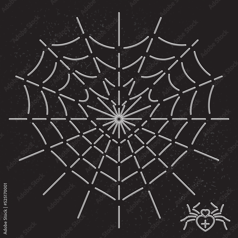 Obraz premium Heart Shape Web and Spider Inverted Line Style Icon as Halloween Holidays Advertising Decoration Template - White on Black Background - Flat Graphic Design