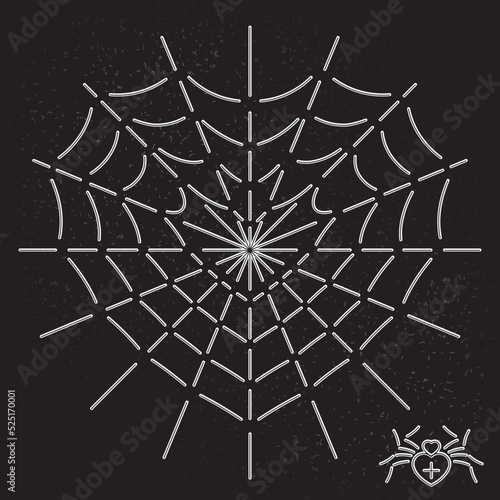 Heart Shape Web and Spider Inverted Line Style Icon as Halloween Holidays Advertising Decoration Template - White on Black Background - Flat Graphic Design