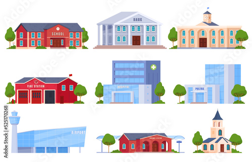 Various municipal buildings. Civil infrastructure of the city. Vector illustration