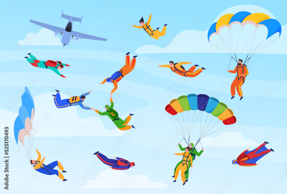 Skydiver. People jump with a parachute from an airplane. Extreme sport. Vector illustration