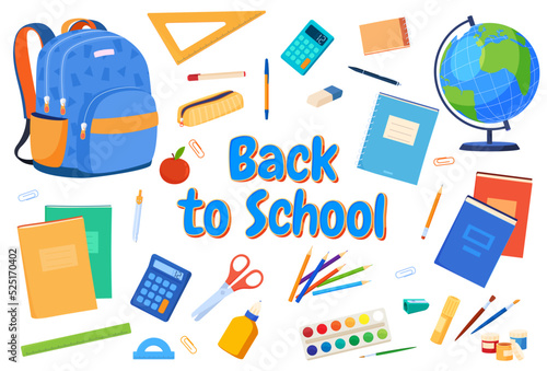 School supplies for learning. A backpack with items for study. Back to school. Vector illustration