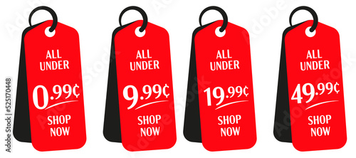 All under 0.99, 9.99, 19.99, 49.99 cent discount sale tag
