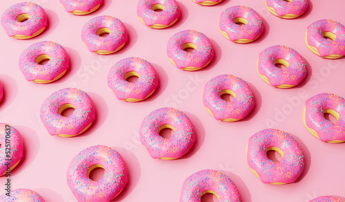 Pink frosted donut background with sprinkles. 3D Rendering