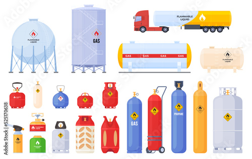 A set of cylinders for transporting and storing flammable gas substances. Vector illustration