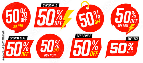 50 percent off sale red tag template isolated set