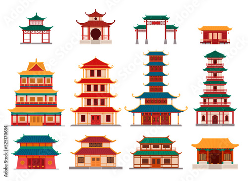 Set of traditional buildings in Asian style. Ancient temples, pagodas, shrines, residential buildings. Vector illustration.