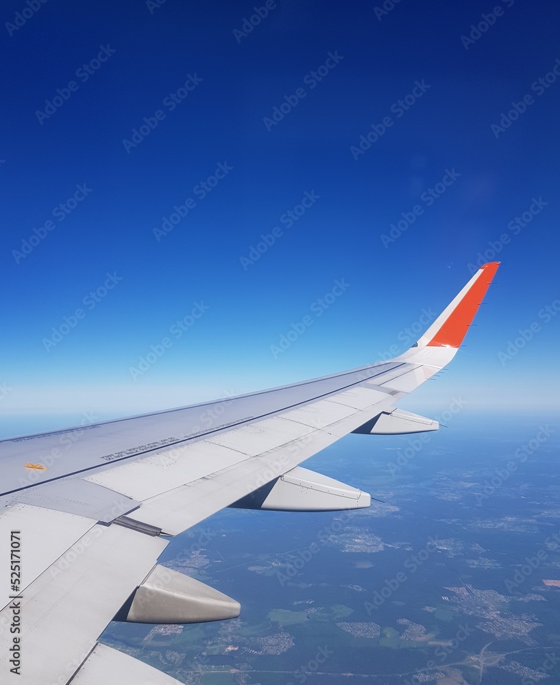 Airplane flies in the blue sky