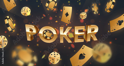 Golden letters Poker with flying golden poker chips, tokens, dices, playing cards on black background with gold lights, sparkles and bokeh. Vector illustration.