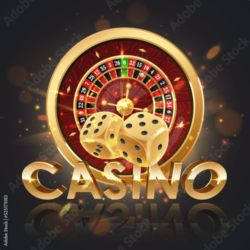 Golden logo casino, roulette wheel with wood desk and cells, gold dices on black background with golden light, rays, glare, sparkles. Vector illustration for casino, game design, advertising.