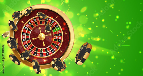 Twist gold poker chips, tokens on  golden casino roulette wheel on green background with golden light, rays, glare, sparkles. Vector illustration for casino, game design, advertising.