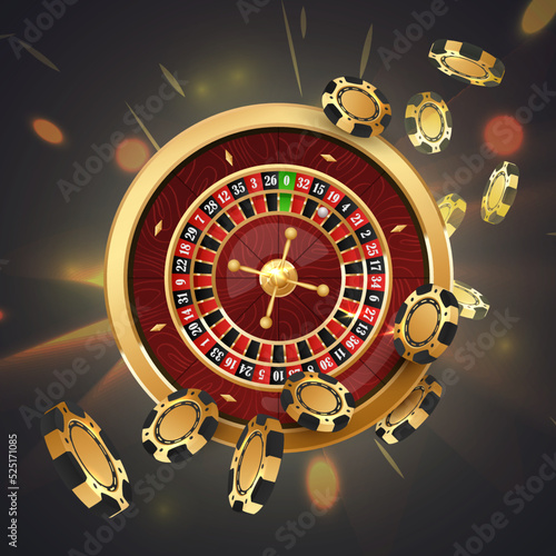 Falling gold poker chips, tokens with golden casino roulette wheel on black background with golden light, rays, glare, sparkles. Vector illustration for casino, game design, advertising.