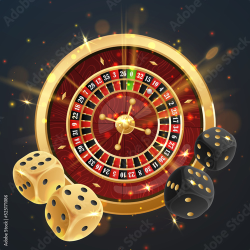 Golden casino roulette wheel with wood desk and cells, gold and black dices with golden light, rays, glare, sparkles. Vector illustration for casino, game design, advertising.