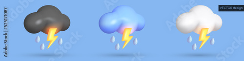 Set of vector 3d weather icon on blue background. Blue cloud with yellow glowing lightning bolt, thunder and three blue drops of rain. Vector illustration for postcard, banner, web, design, arts.