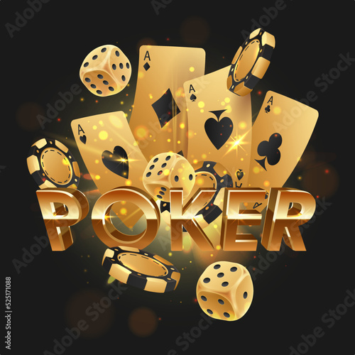 Golden letters Poker with flying golden poker chips, tokens, dices, playing cards on black background with gold lights, sparkles and bokeh. Vector illustration.