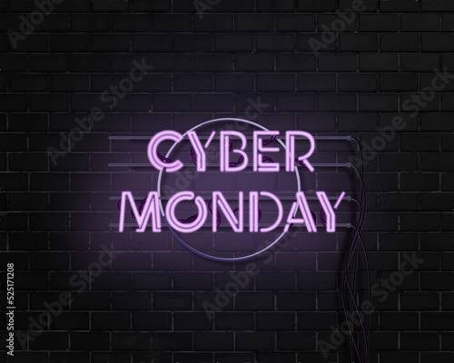 Cyber Monday neon sale banner with lighting text on brick background 